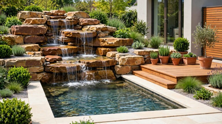 A wide backyard rock waterfall cascading into a clear pond beside a wooden deck in bright daylight.