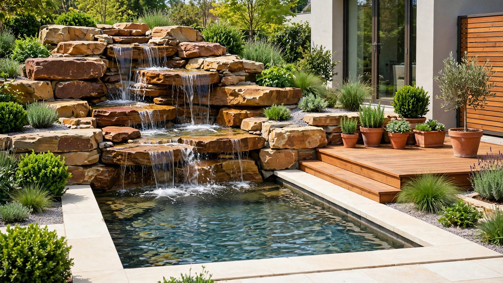 A wide backyard rock waterfall cascading into a clear pond beside a wooden deck in bright daylight.
