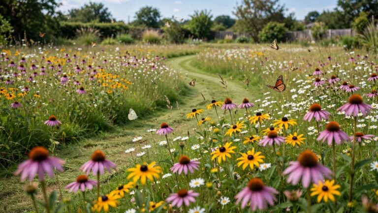 Wide backyard wildflower meadow with coneflowers, black-eyed Susans and daisies and a mown path
