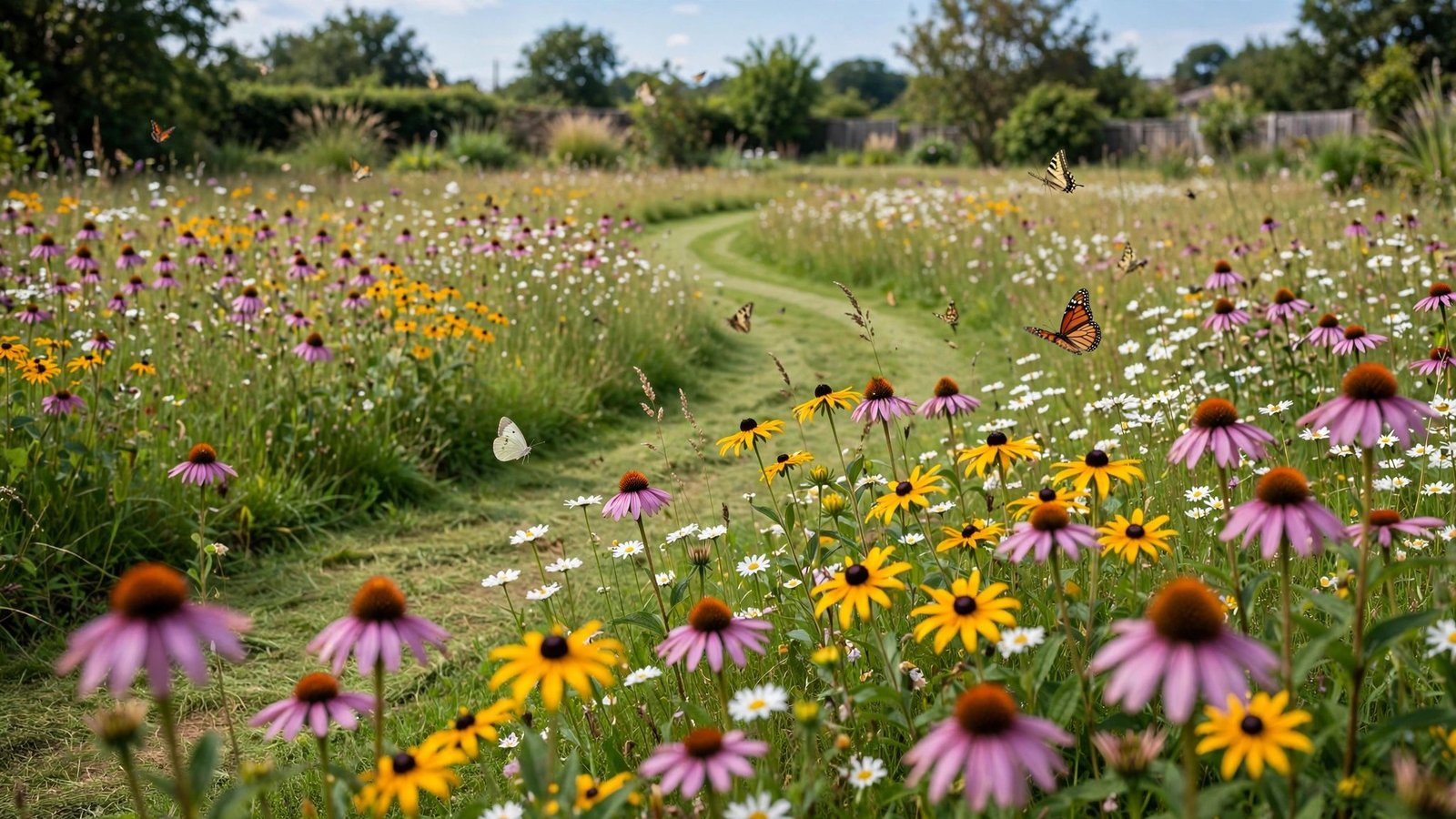 Wide backyard wildflower meadow with coneflowers, black-eyed Susans and daisies and a mown path