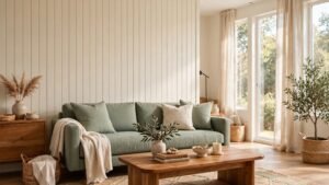 Bright living room with a cream board and batten accent wall, sage green sofa, and warm wood coffee table in natural daylight