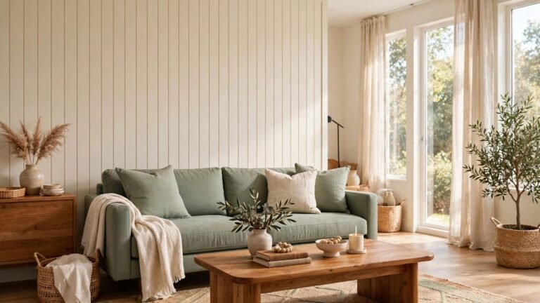 Bright living room with a cream board and batten accent wall, sage green sofa, and warm wood coffee table in natural daylight