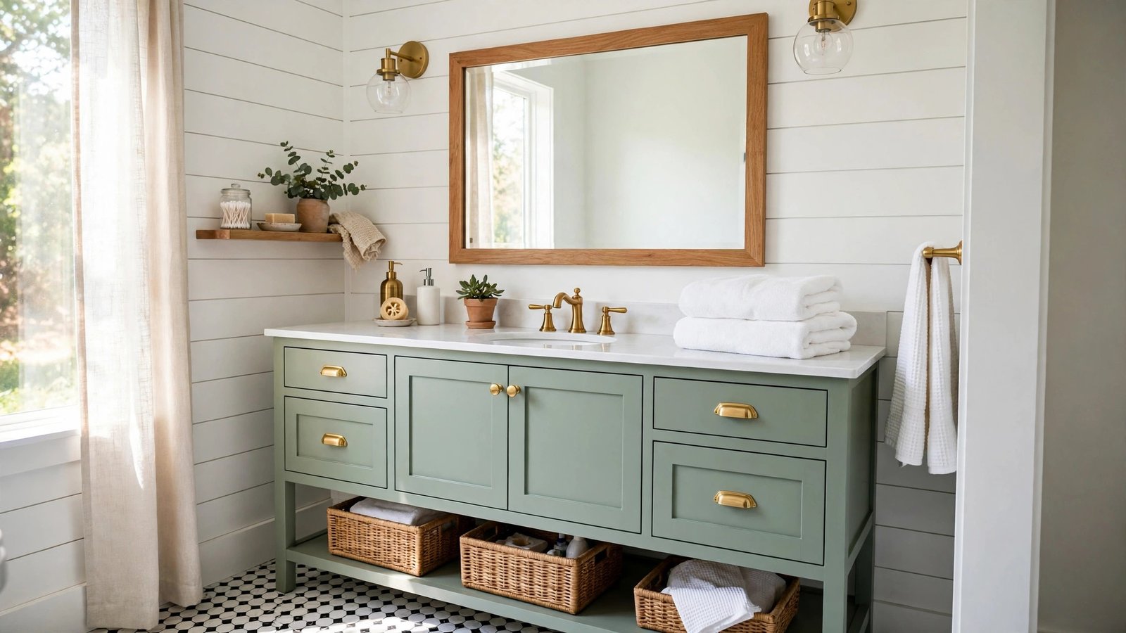 Budget bathroom makeover with sage green vanity, brass fixtures and framed mirror