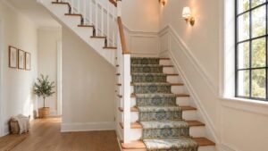 Beautiful budget staircase makeover with painted risers and a patterned runner