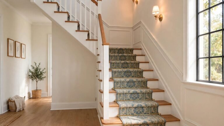 Beautiful budget staircase makeover with painted risers and a patterned runner