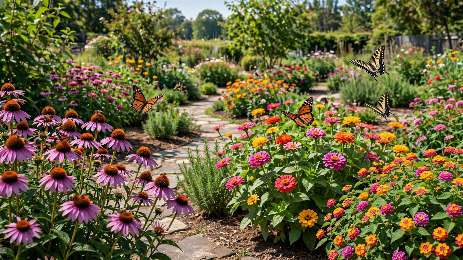 Beautiful butterfly garden with colorful flowers and butterflies in sunlight
