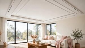 Wide landscape view of a bright modern living room with an elegant white gypsum border ceiling design and soft natural light