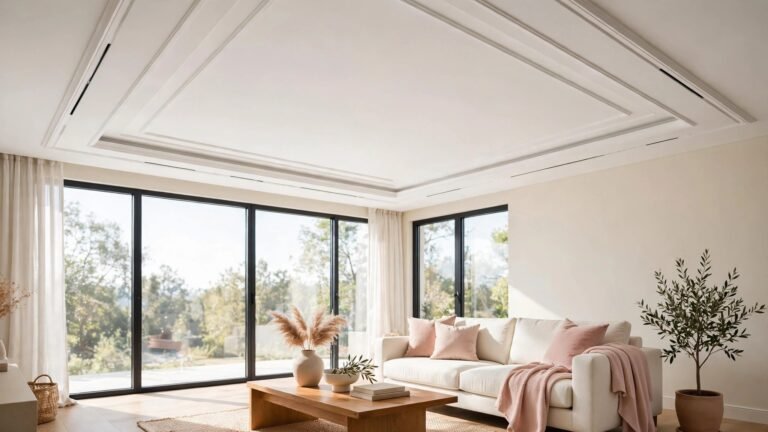 Wide landscape view of a bright modern living room with an elegant white gypsum border ceiling design and soft natural light