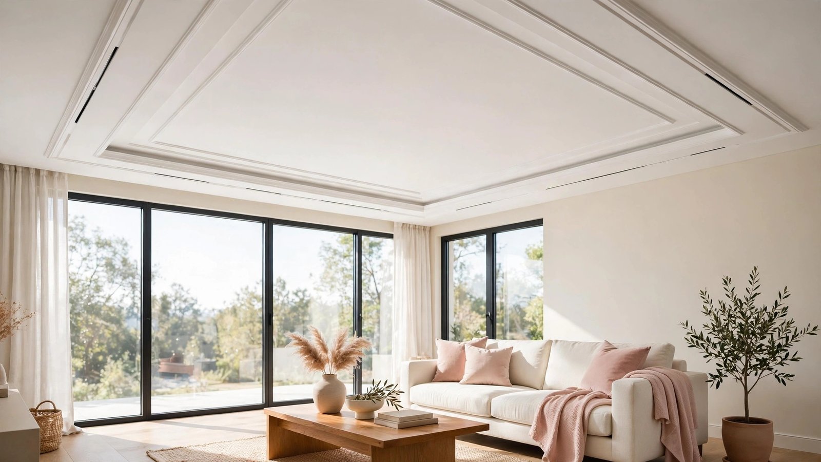 Wide landscape view of a bright modern living room with an elegant white gypsum border ceiling design and soft natural light