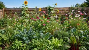 Wide backyard chaos garden with mixed wildflowers, sunflowers and vegetables growing in a natural scattered pattern under bright daylight