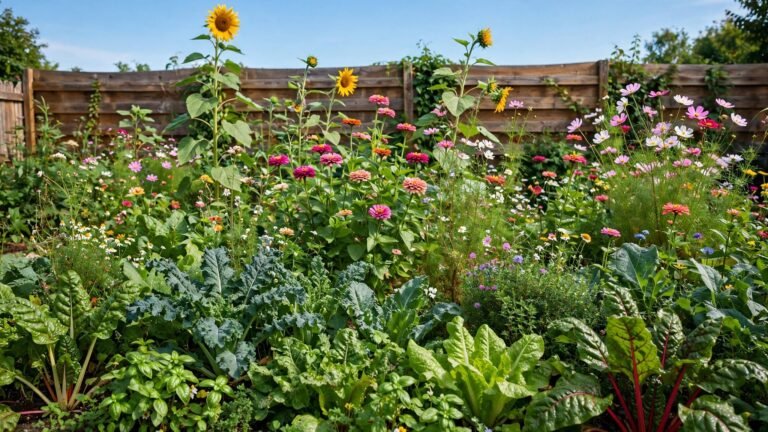 Wide backyard chaos garden with mixed wildflowers, sunflowers and vegetables growing in a natural scattered pattern under bright daylight