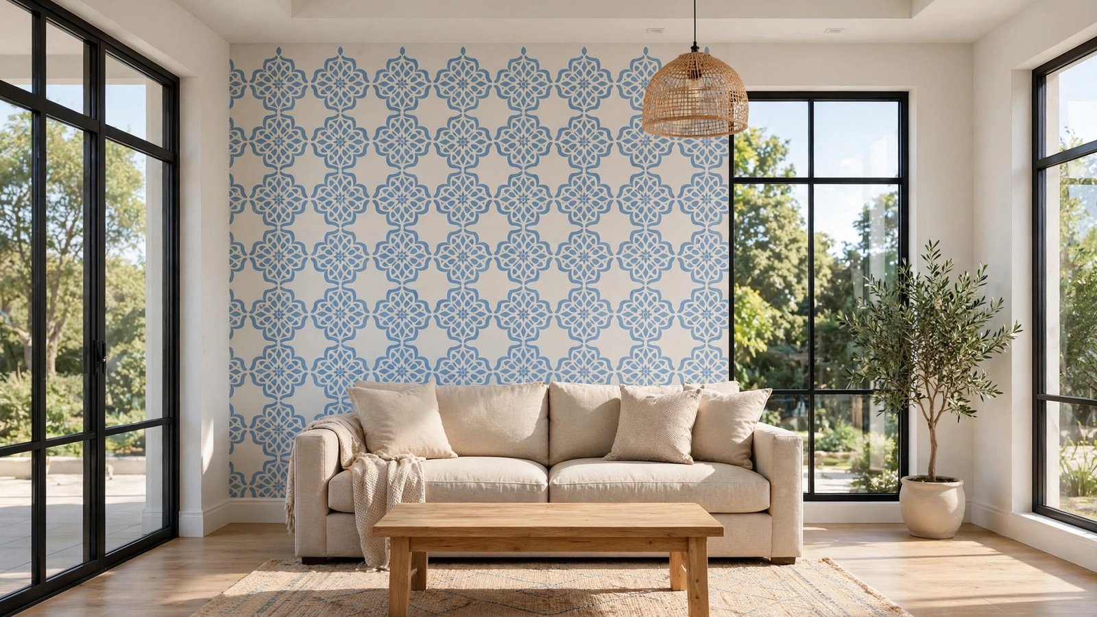 Bright living room with a stenciled paint accent wall in natural daylight