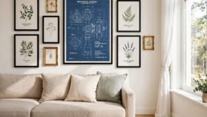 Stylish living room wall decorated with affordable framed art prints in daylight