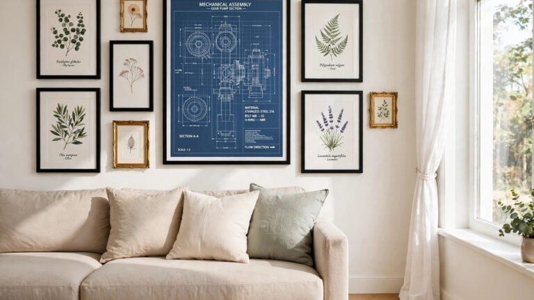 Stylish living room wall decorated with affordable framed art prints in daylight