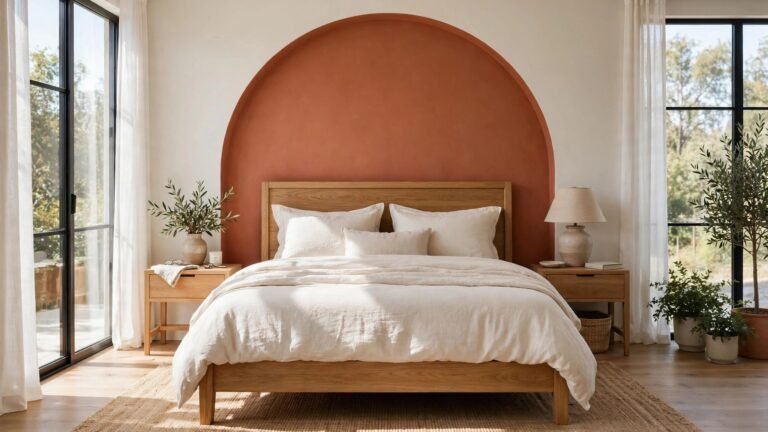 Cheap bedroom wall makeover ideas using paint with arches stripes and color blocking
