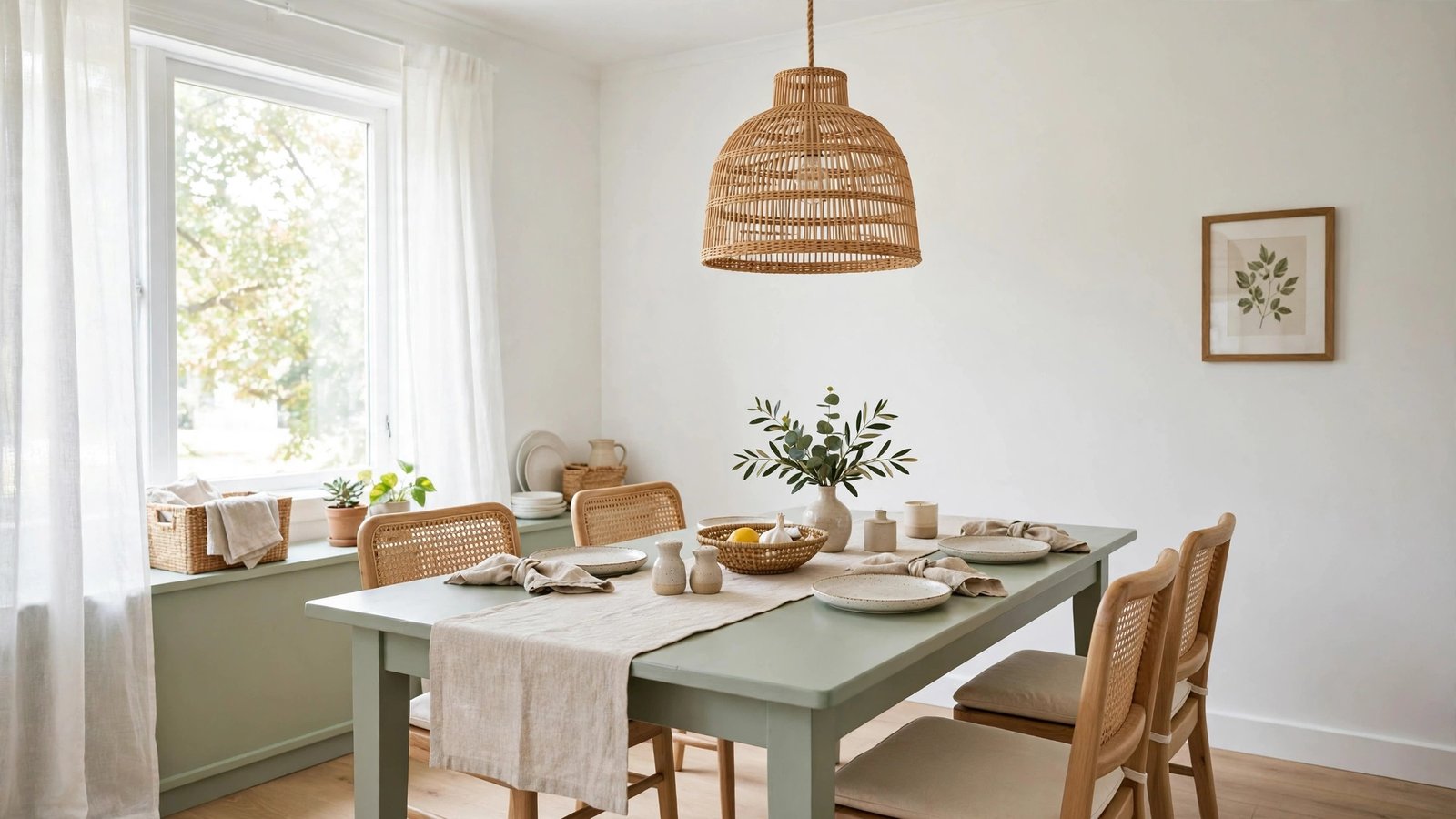 Refreshed budget dining room with repainted table and rattan pendant light
