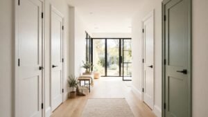 Interior door transformed with paint and new hardware in a bright hallway