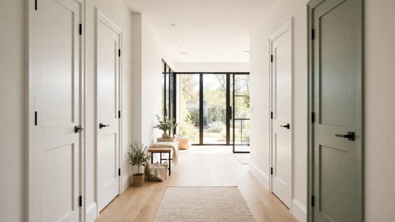 Interior door transformed with paint and new hardware in a bright hallway