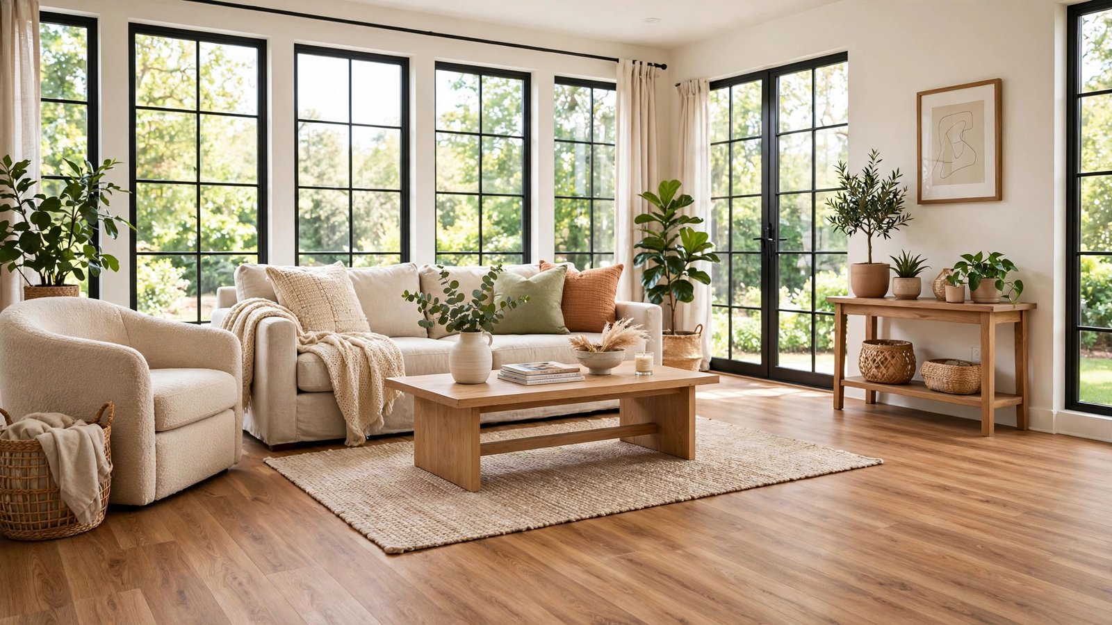 Living room with budget luxury vinyl plank flooring in warm oak