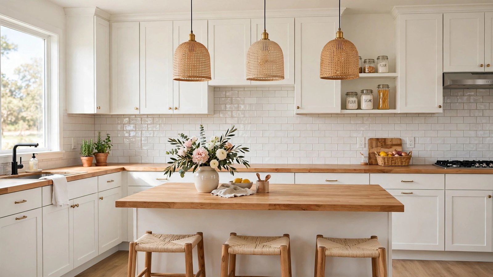 Affordable kitchen with peel-and-stick backsplash, white cabinets, warm wood accents and pendant lights