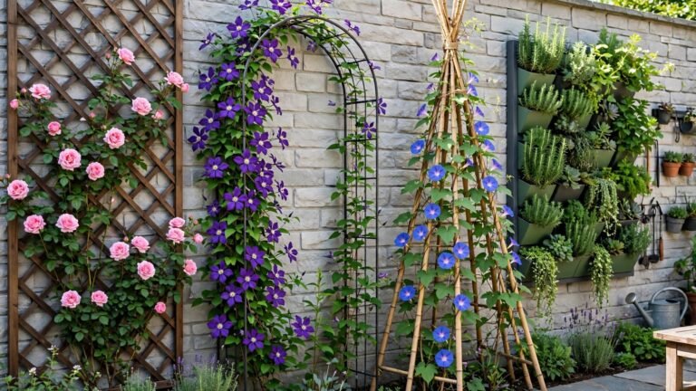 Beautiful garden wall with climbing roses growing on a wooden trellis