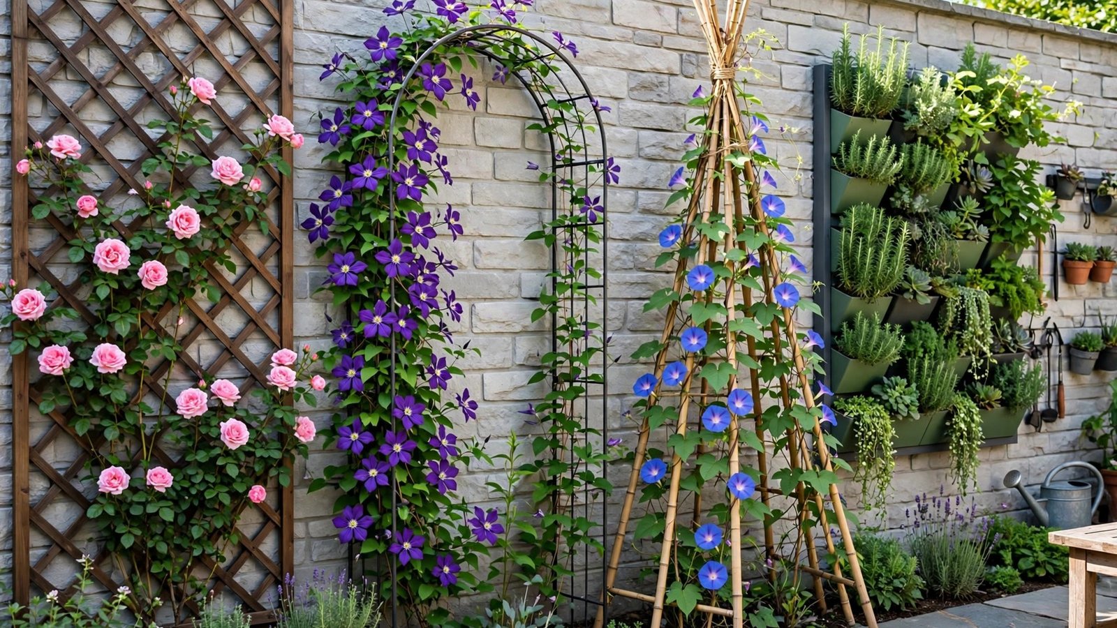Beautiful garden wall with climbing roses growing on a wooden trellis