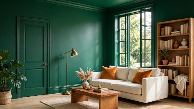 Color drenched interior room in a rich paint shade with matching walls, trim and ceiling, styled with elegant furniture and warm natural light