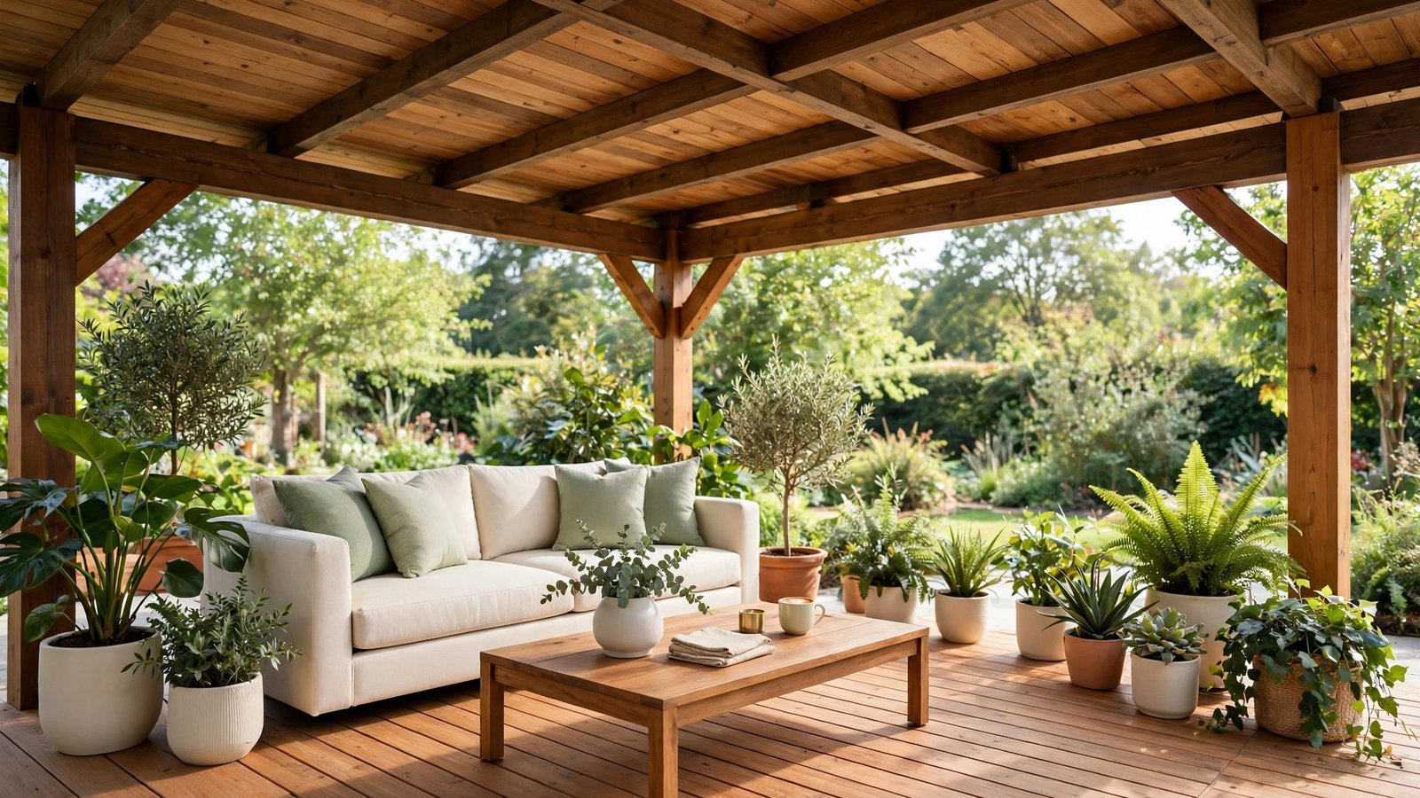 Covered patio with a solid wooden roof, comfortable cream seating with sage green accents, and warm daylight streaming in.