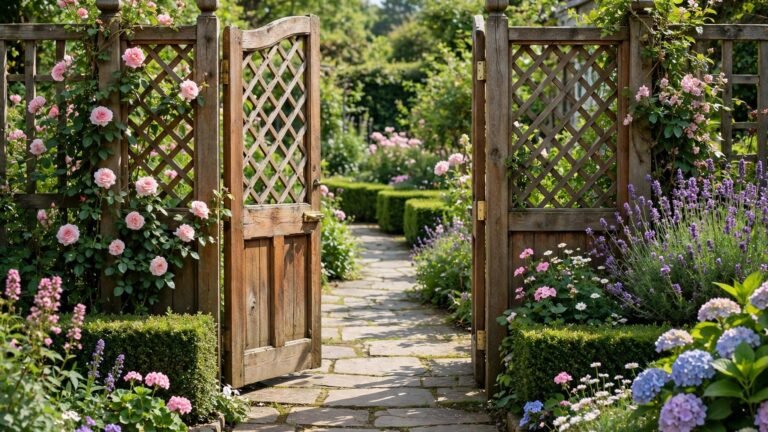 Charming garden entrance with a decorative wooden gate, flowering plants and a stone path in daylight