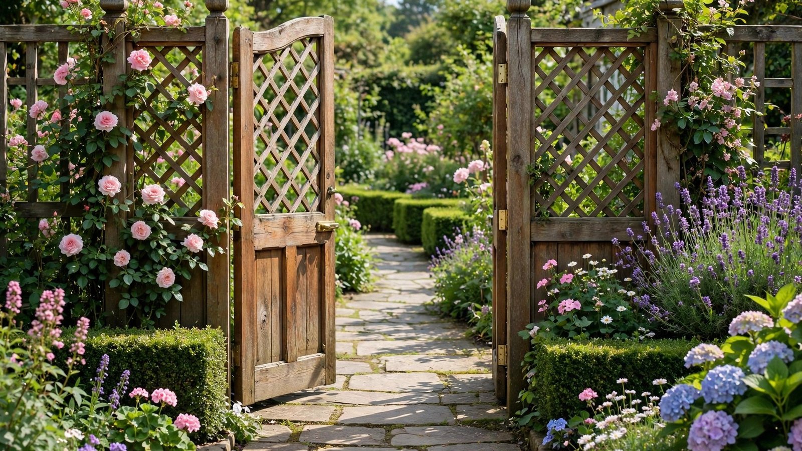 Charming garden entrance with a decorative wooden gate, flowering plants and a stone path in daylight