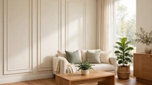 Elegant cream wall with classic picture-frame decorative molding panels beside a cozy styled living room