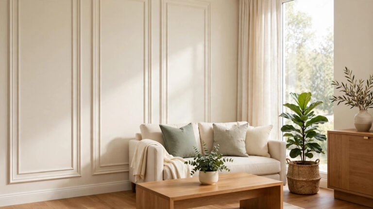 Elegant cream wall with classic picture-frame decorative molding panels beside a cozy styled living room