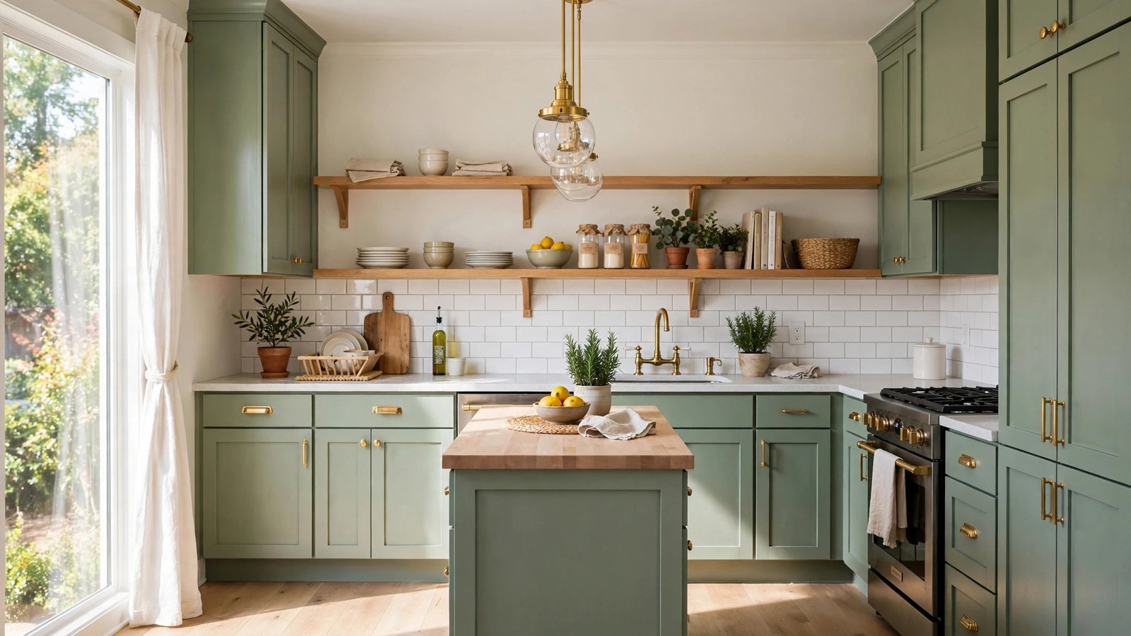 Budget kitchen makeover with sage green cabinets, brass hardware and open wood shelves