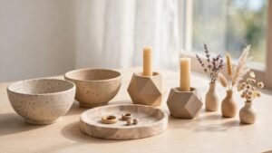 Bright craft table with handmade air dry clay ceramic decor pieces in daylight