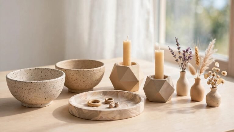 Bright craft table with handmade air dry clay ceramic decor pieces in daylight