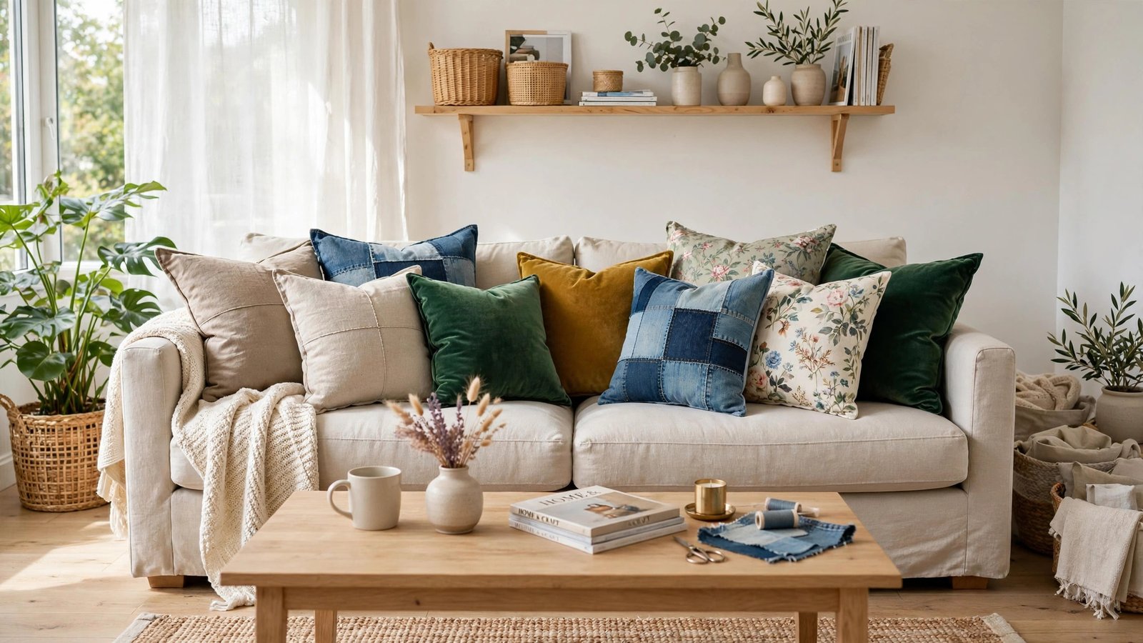Sofa styled with DIY cushion covers in linen, velvet, denim and floral prints