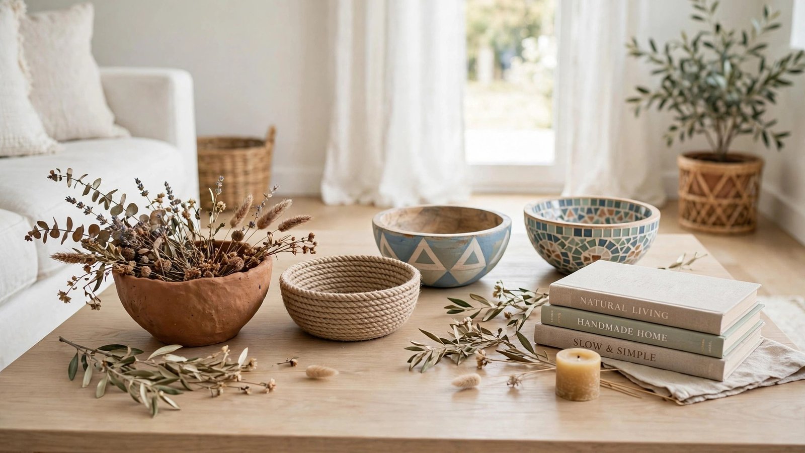 Collection of handmade DIY decorative bowls styled on a coffee table
