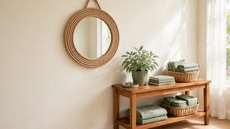 Round mirror with DIY rope frame hanging on a clean cream wall