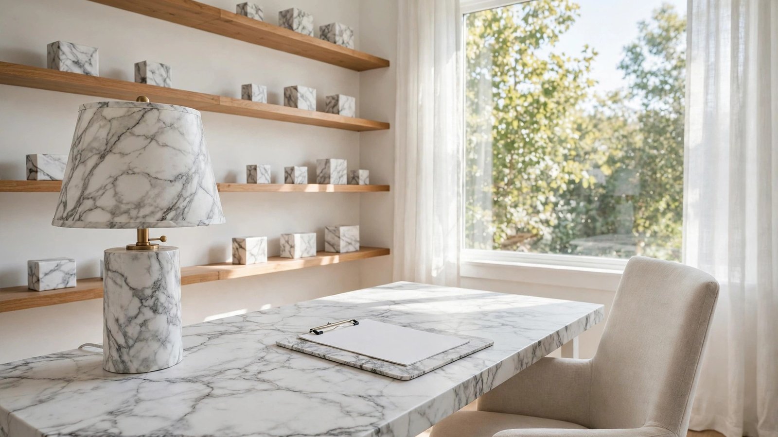 Bright home styled with DIY faux marble decor accents in natural daylight