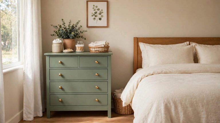 DIY furniture makeover ideas showing a dresser painted sage green with brass knobs in a bright bedroom