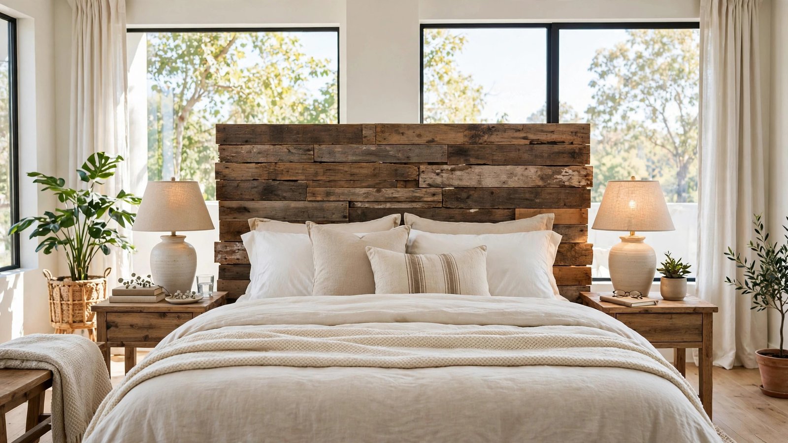 Bedroom with DIY reclaimed wood headboard and cozy layered bedding