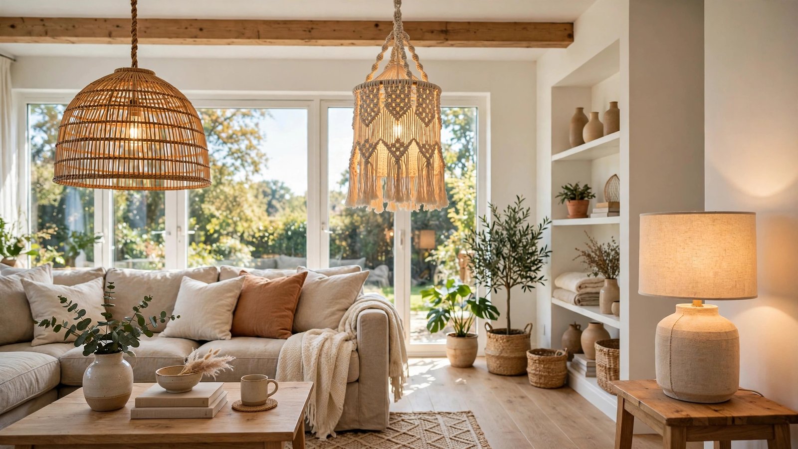Living room with DIY lampshades including rattan pendant and macrame hanging light