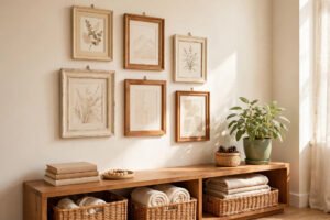 Old picture frames transformed into stylish wall decor in a clean room