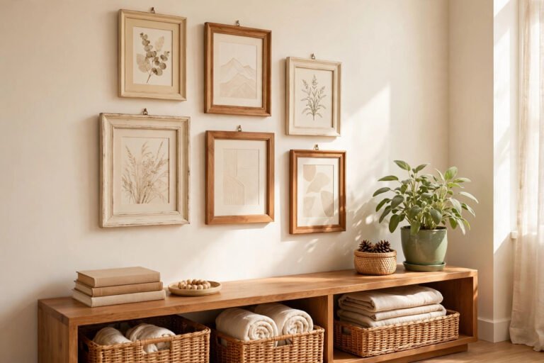 Old picture frames transformed into stylish wall decor in a clean room