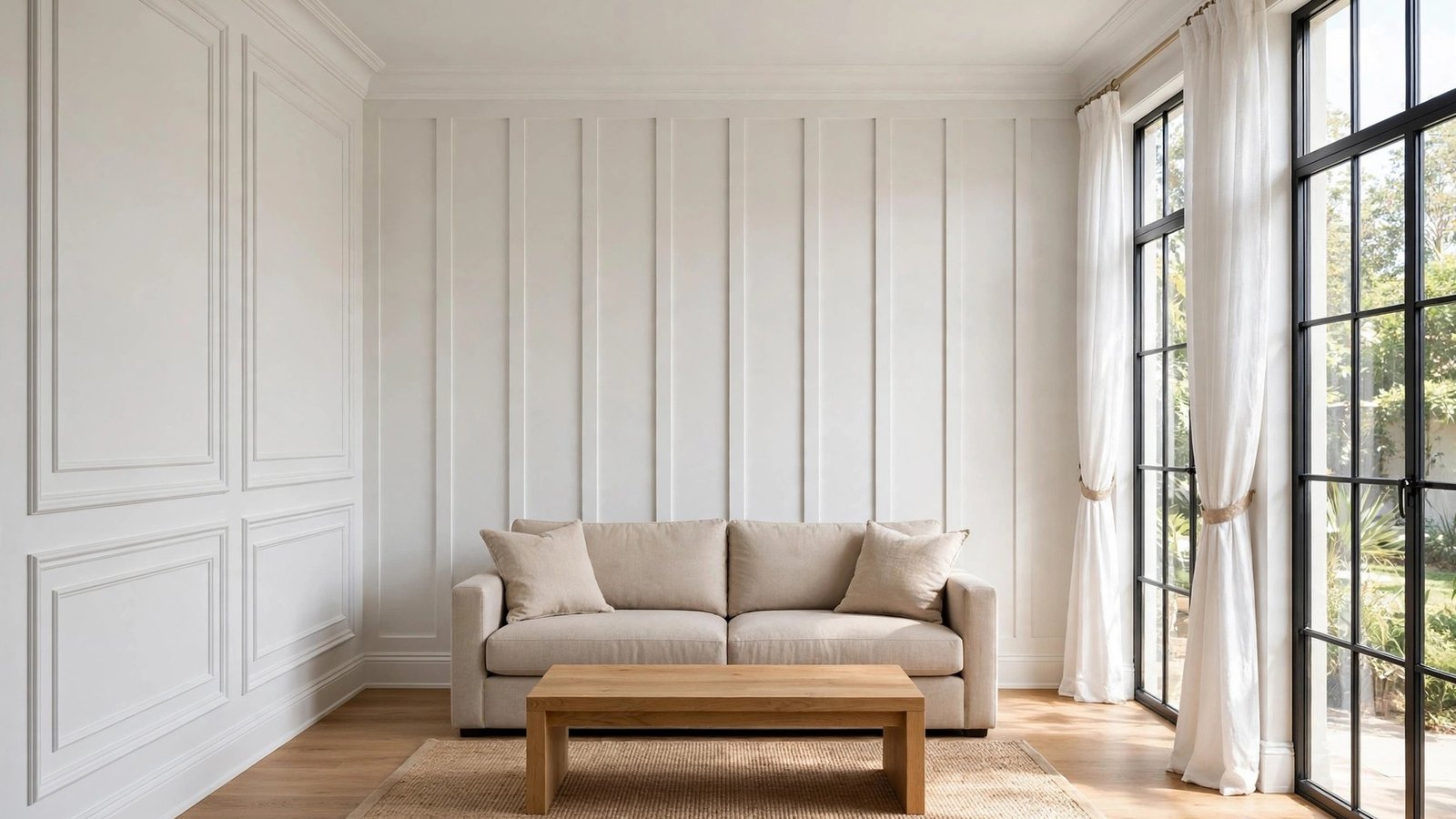 Bright living room with elegant DIY trim molding on walls in natural daylight