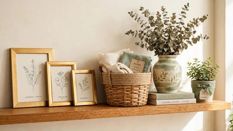 Dollar store decor ideas showing a styled living room shelf with gold spray-painted frames, rope-wrapped baskets and a painted vase in warm cream and sage tones