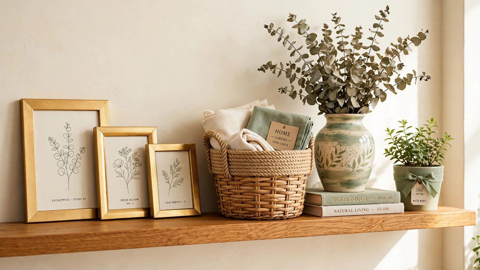 Dollar store decor ideas showing a styled living room shelf with gold spray-painted frames, rope-wrapped baskets and a painted vase in warm cream and sage tones