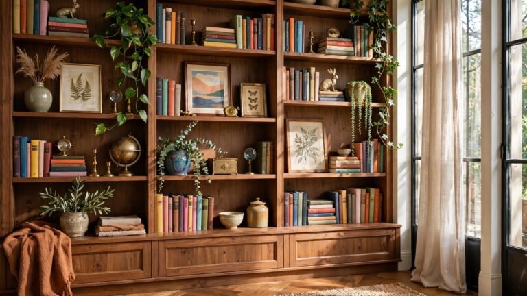 Eclectic maximalist shelf styling ideas with colorful books and layered decor
