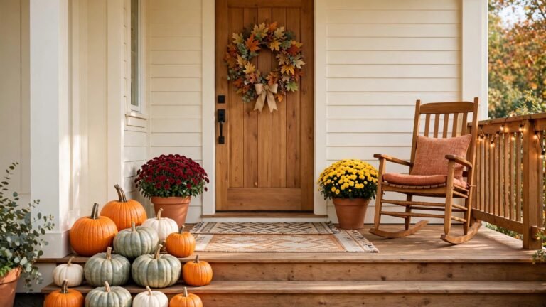 A bright fall front porch with clusters of pumpkins, blooming mums, a leaf wreath on a wooden door, and warm string lights in daylight.