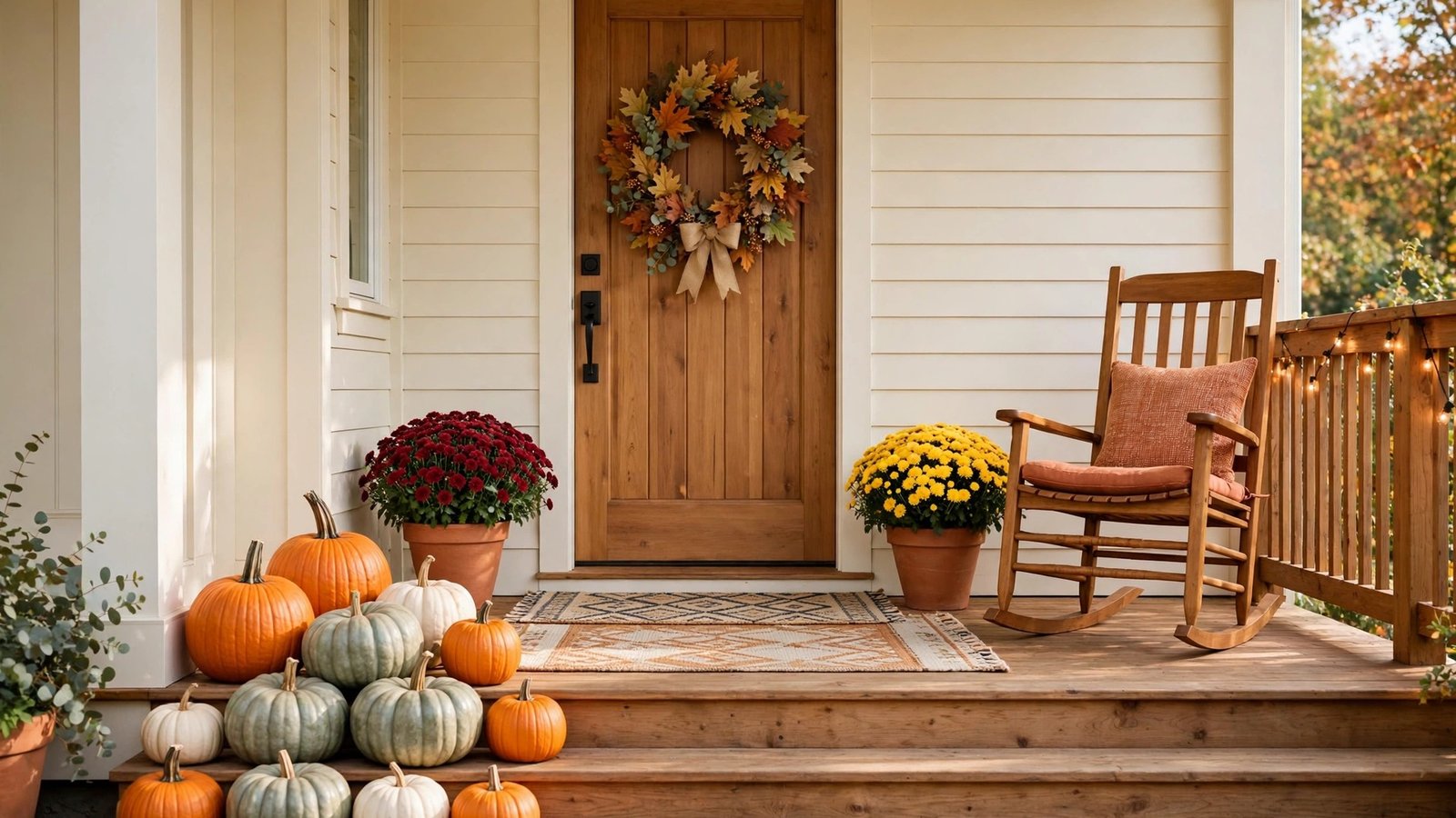 A bright fall front porch with clusters of pumpkins, blooming mums, a leaf wreath on a wooden door, and warm string lights in daylight.